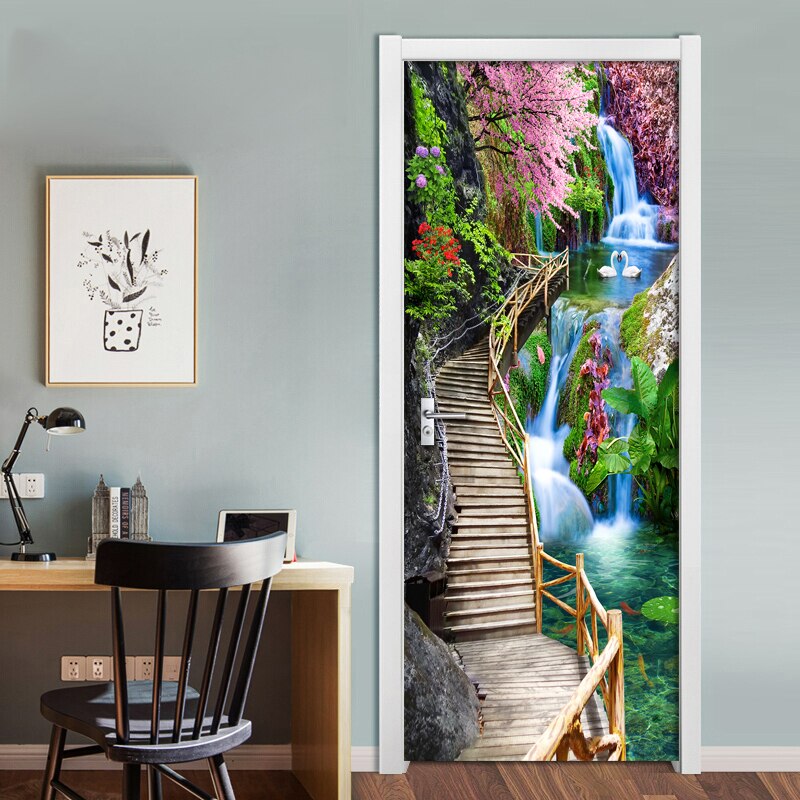 Modern Bridge Waterfall Scenery 3D Door Stickers Mural PVC Self-adhesive 3D Wallpaper For Living Room Bedroom Door Decor Decals