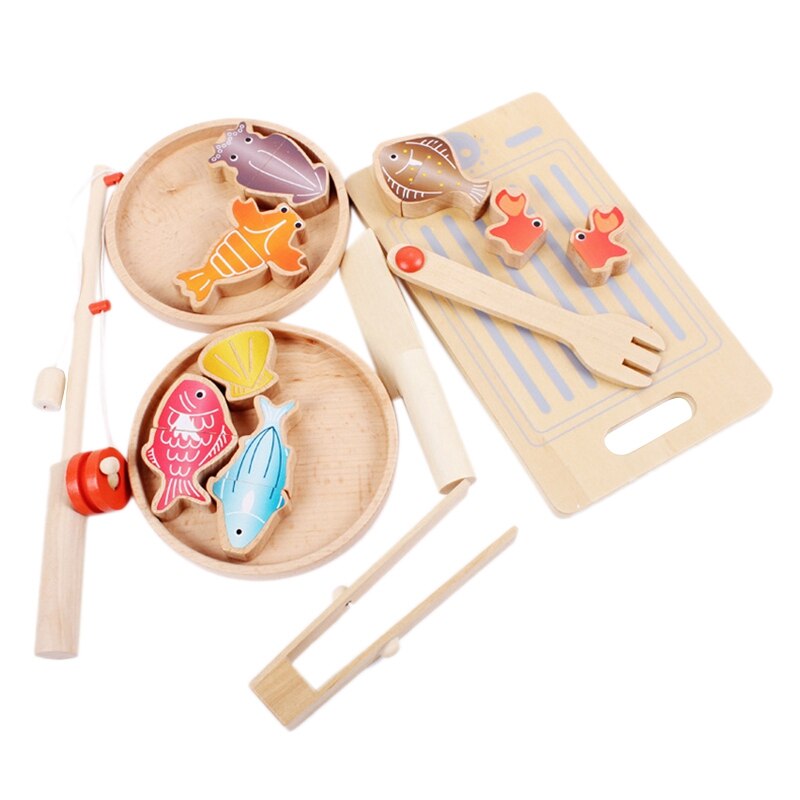 Kids Wooden netic Fishing Toys Multifunctional Fish Cutting Educational Toys Kitchen Fishing Game Pretend Playset