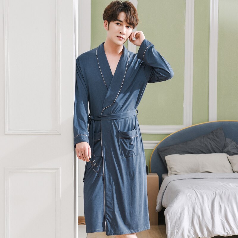Peignoir Kimono en coton Modal pour homme, haut de nuit, couleur unie, Long, printemps, automne