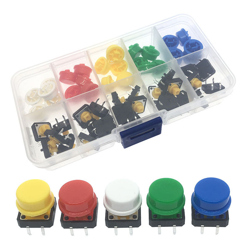5 Colors 12*12*7.3MM Micro Switch Button Tact Cap Tactile Push Momentary + Component box for Arduino 25Pcs/Set