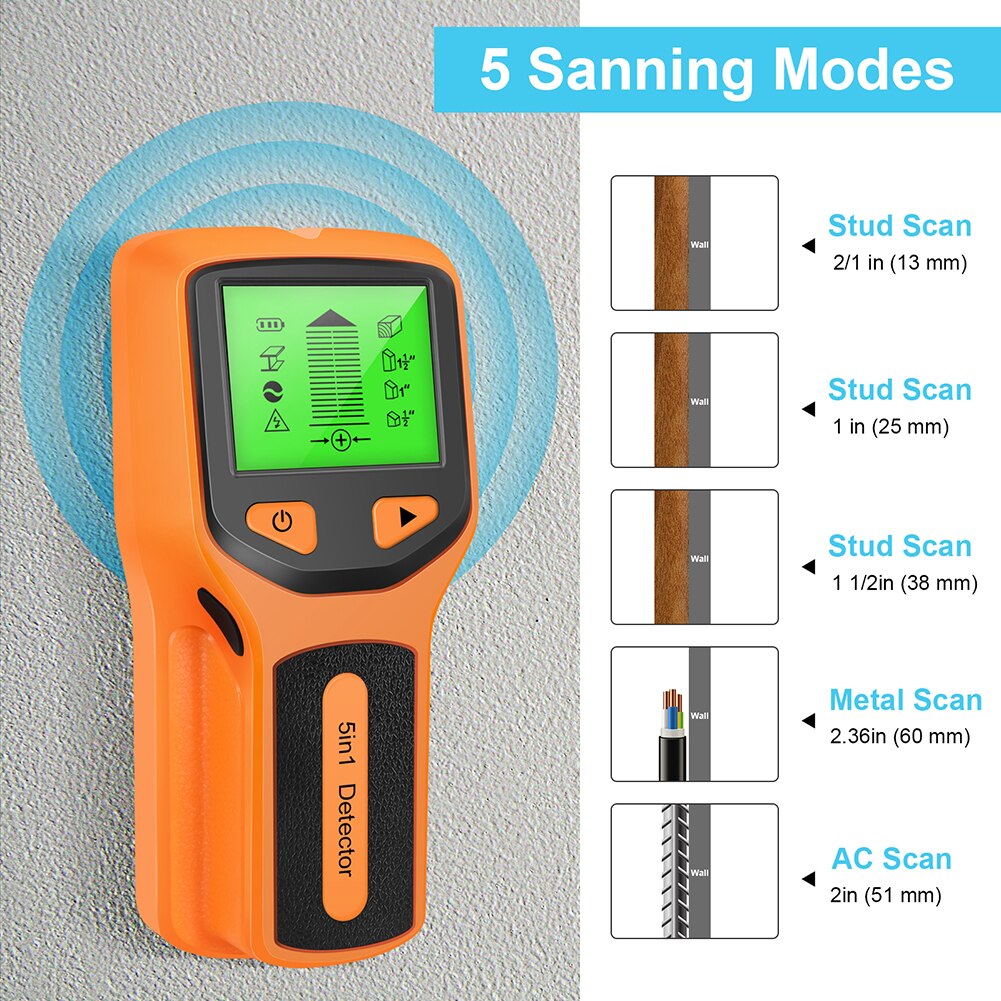 5 In 1 Studs Metal Detector Wall Scanner AC Wood Finder Cable Wires Depth Tracker Electric Box Finder Wall Detector: YELLOW