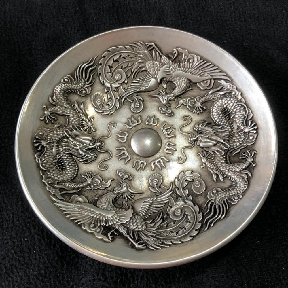 Statue de Dragon et de phénix en argent tibétain, objet de collection chinois Rare, ancien travail manuel, bol de décoration pour la maison, artisanat en métal