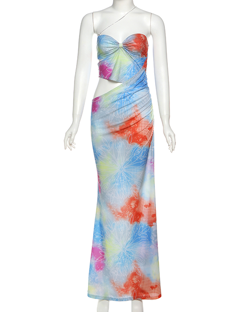 Kliou Tie tinte con paneles mujeres Maxi vestido Hipster Festival atractivo Slash Correa pecho sin cintura Vestidos ajustados señora vacaciones bata