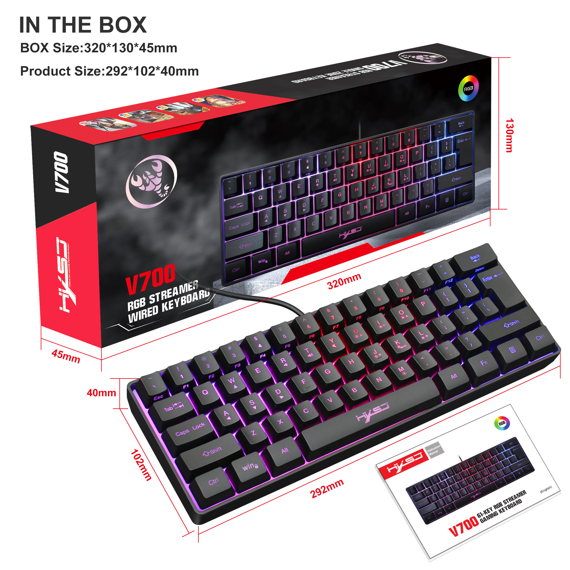 61 Keys Gaming Keyboard RGB Backlight Keyboard And Mouse Wired Gamer Keyboard for Computer MAC PS4: Black