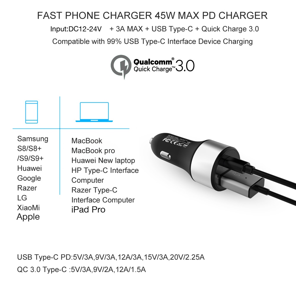 USB C TYPE-C PD 45W Car Charger Fast Charge 3.0 18W 63W Laptop Power Adapter with USB for xiaomi MacBook iPhone 11/X/8 Samsung