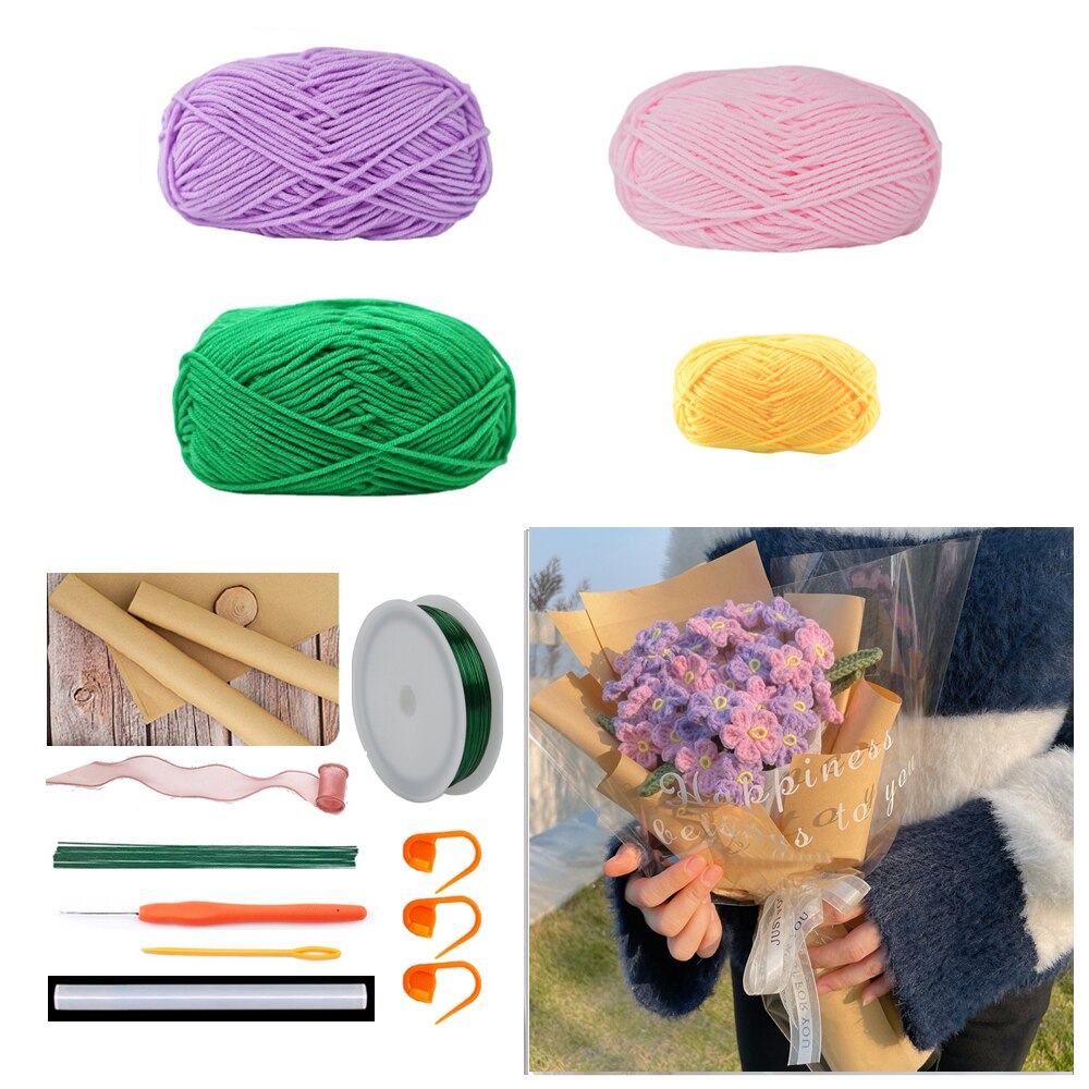 TPRPYN Myosotis – Kit de Crochet pour Bouquet de fleurs, avec fil, bricolage, oublier, pas de fleurs, kits de Crochet, tricot, vidéo de débutant faite à la main: NL43 2 50 BL1