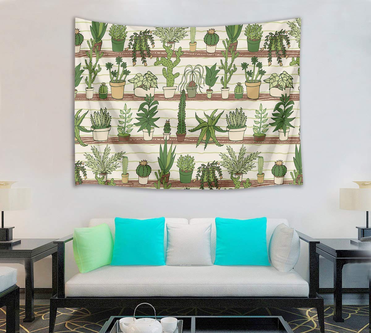 Cactus Tapestry Tropische Woestijn Succulenten Op Houten Plank Muur Opknoping