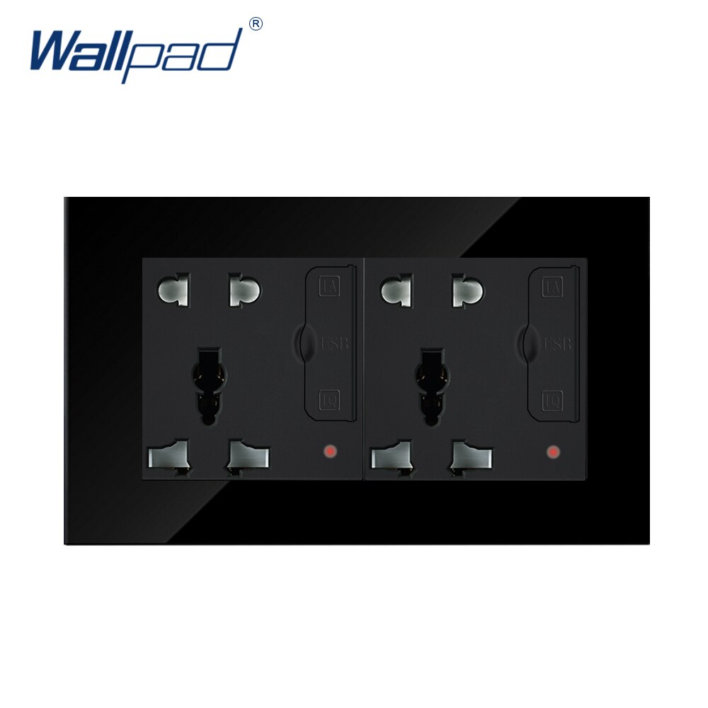 Dubbel 5- pins universeel stopcontact met glazen paneel, wandcontactdoos, 2 usb-oplaadpoorten, universeel stopcontact , 146mm * 86mm: Zwart