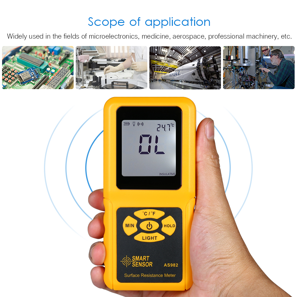 SMART SENSOR Handheld LCD Surface Resistance Meter Tester with Temperature Measurement and Data Holding Function