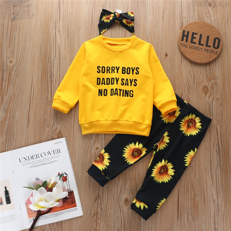 3 stk baby drengetøj sæt brev rund hals langærmet t-shirt top og blomsterbukser pandebånd outfit efterår