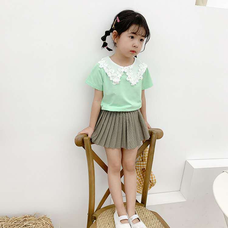 Kinderkleding Zomer Meisjes Kleine Verse Kant Pop Kraag Korte Mouwen T-shirt Baby Casual Wilde Effen Kleur top