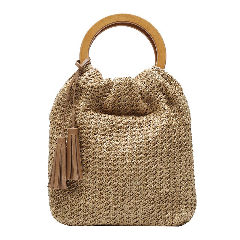#39 dameshandtas zomer stro strandtas bohemian dames netvak holle ronde handgreep tote met hout: Donker kaki