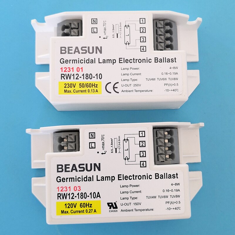 RW12-180-10-Lámpara germicida UV, 120V, 230V, 4W-8W, balastro electrónico para lámpara TUV4W, TUV6W, TUV8W
