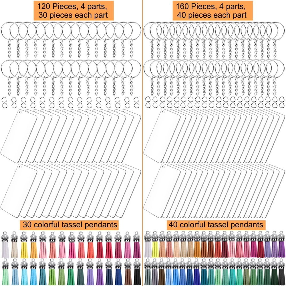 Ensemble de porte-clés vierges en acrylique, breloques à pampilles, ornements rectangulaires transparents, porte-clés vierges pour l'artisanat de bricolage, 120 pièces, 160 pièces