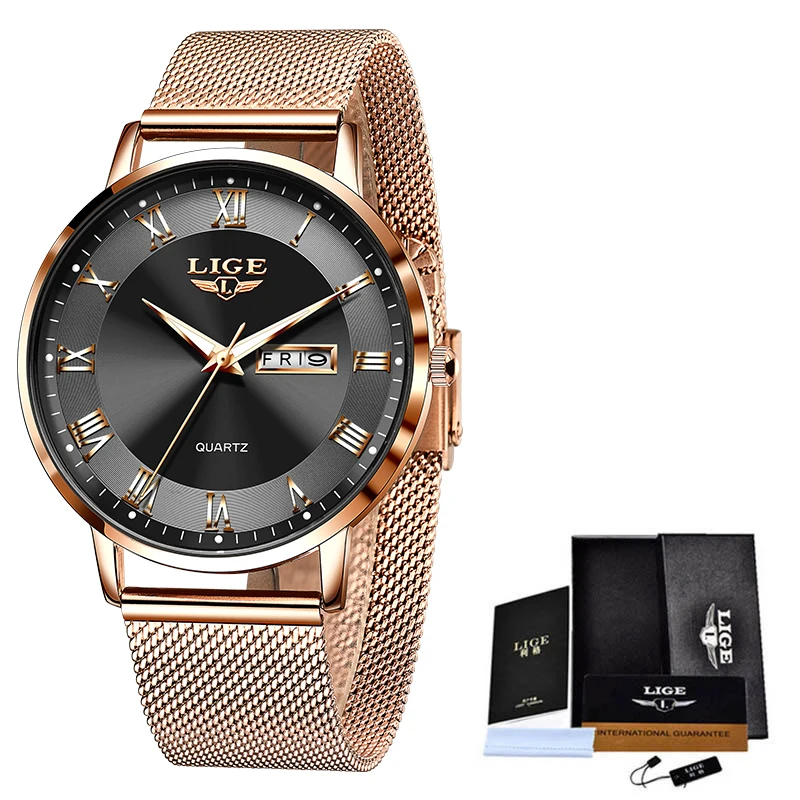 LIGE, reloj de lujo a la para mujer, resistente al agua, correa de malla de acero y oro rosa, relojes de pulsera para mujer, relojes de pulsera, reloj femenino