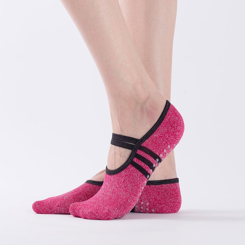 Dame yoga sokker skridsikre sokker med greb åndbare barre sokker komfortable pilates sokker i bomuld til kvinder: Rosenrød