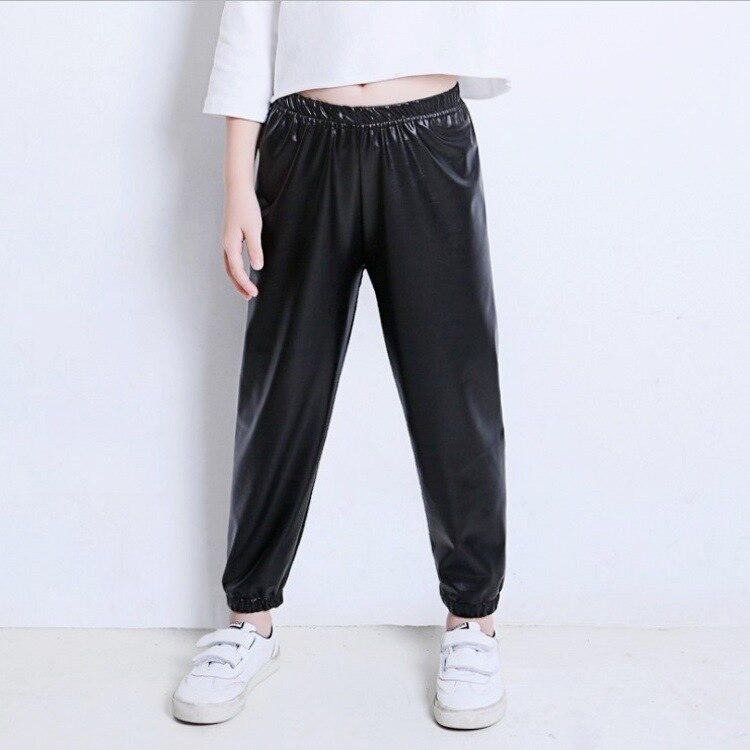 Pantaloni per ragazze in PU pantaloni larghi autunnali primaverili per bambini pantaloni per bambini elastici Casual pantaloni per adolescenti in pelle Leggings per bambini: 4T