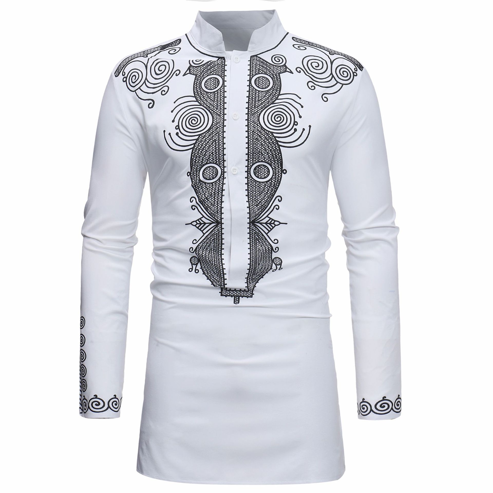 Herre afrikansk sort gyldent dashiki print med lange ærmer knap skjorte høj krave tribal folk slids tunika toppe til voksen plus størrelse: Hvid / L