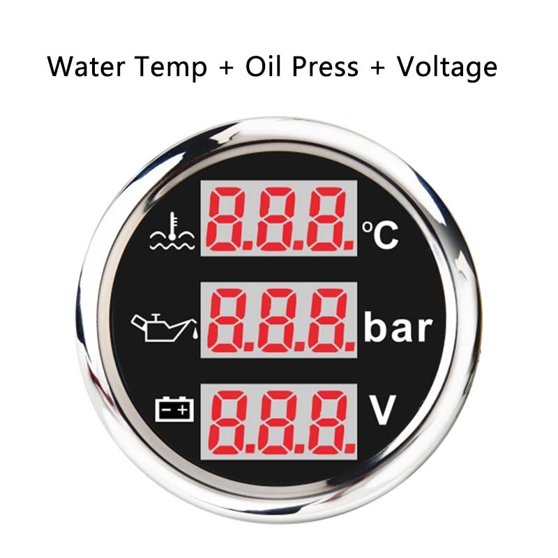 52mm Digital Gauge 3 in 1 Multi-Function Water Level Oil Press Fuel Gauge Tacho Meter Voltage With Alarm 9-32V: 7