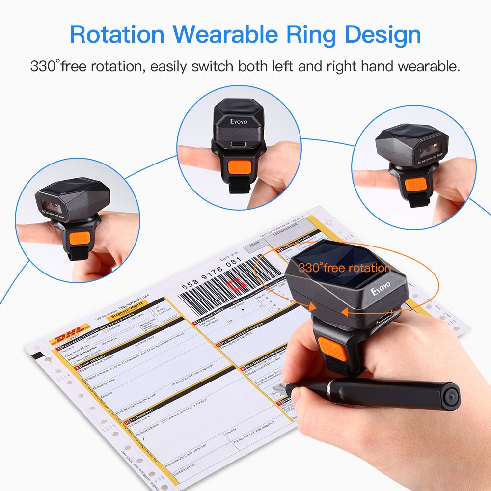 Eyoyo Barcode Scanner Wireless Mini Portable 2D 1D Wearable Ring Bar Code Reader 3In-1 Bluetooth Finger Scanners Screen Scanning