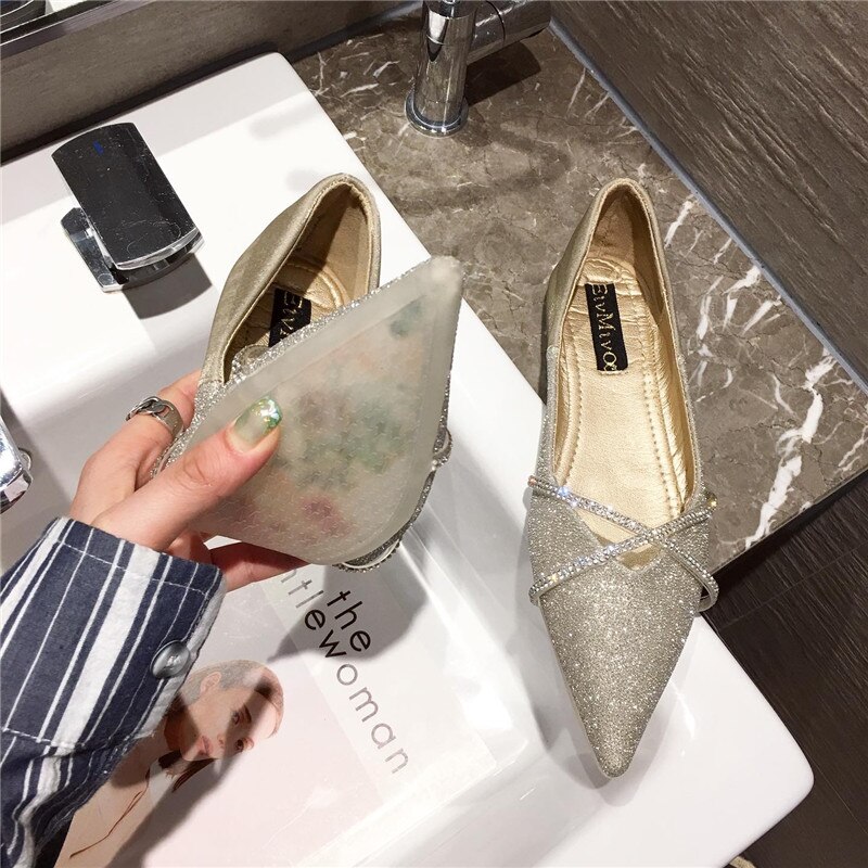Glitter kristall spetsig tå slip on mockasiner ömma damer lata grunda lägenheter guld&silver fe skor kvinna bling bling loafers