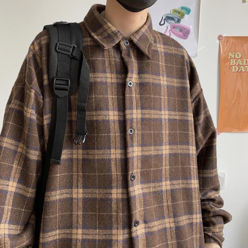 Korean Clothes Retro Thick Woolen Plaid Shirt Cotton Long Sleeve Turn-down Collar Brown Casual Loose Harajuku Couple Clothing
