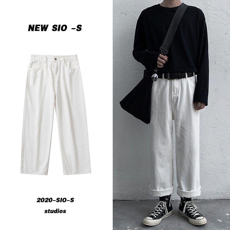 Blå hvid straight jeans herre vaskede casual retro jeans bukser herre streetwear vilde løse hip hop denim bukser m -2xl