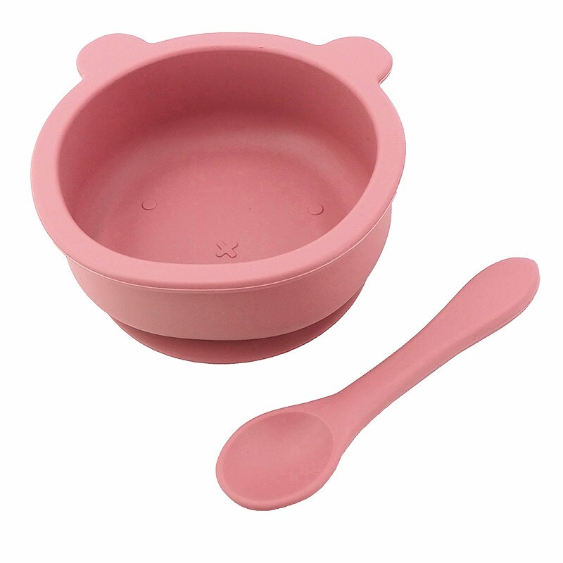 Chenkai 5Set 9 Color Baby Feeding Bowl Bear Shape Food Grade Silicone Anti-Flip Suction Tableware Infant Waterproof Bowl Spoon: Power Rose