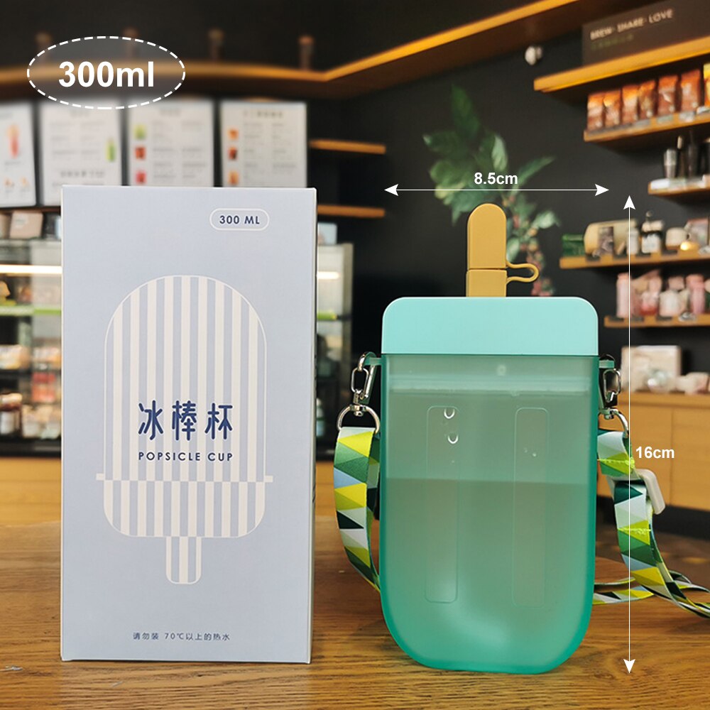 Cute Popsicle Ice Bar Water Bottle Transparent Juice Drinking Cup With Straw Strap Belt Popsicle Bottle With Straw Popsicle Wate