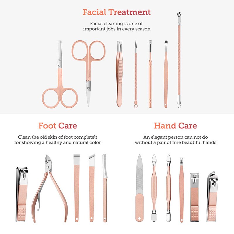 7/10/12/15/18Pcs/Set Nail Kit Set Rose Gold Stainless Steel Multifunction Manicure Set With Luxurious Travel Case