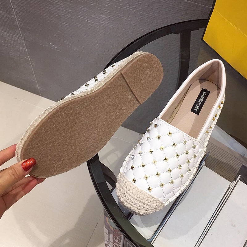 Rivet Stud Loafers Women Flats Hemp Shoes Round Toe Espadrilles Female Slip On Casual Shoe Woman Spring Autumn Moccasin