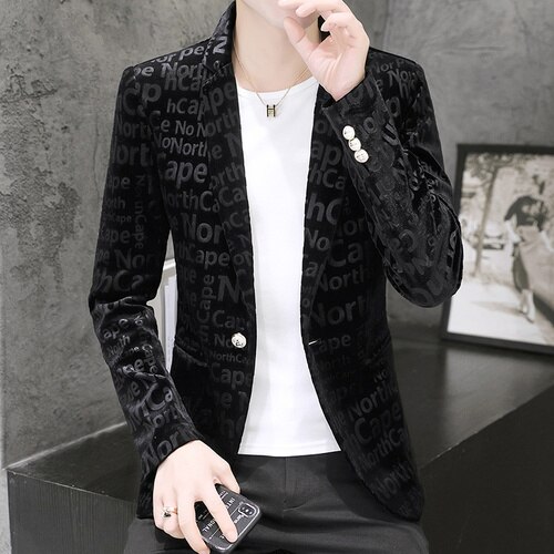 Złoty aksamit męskie nadrukowane litery marynarka Business Casual marynarka Slim garnitur kurtki luksusowe klub DJ ubrania sceniczne Terno Masculino: Black / XXXL