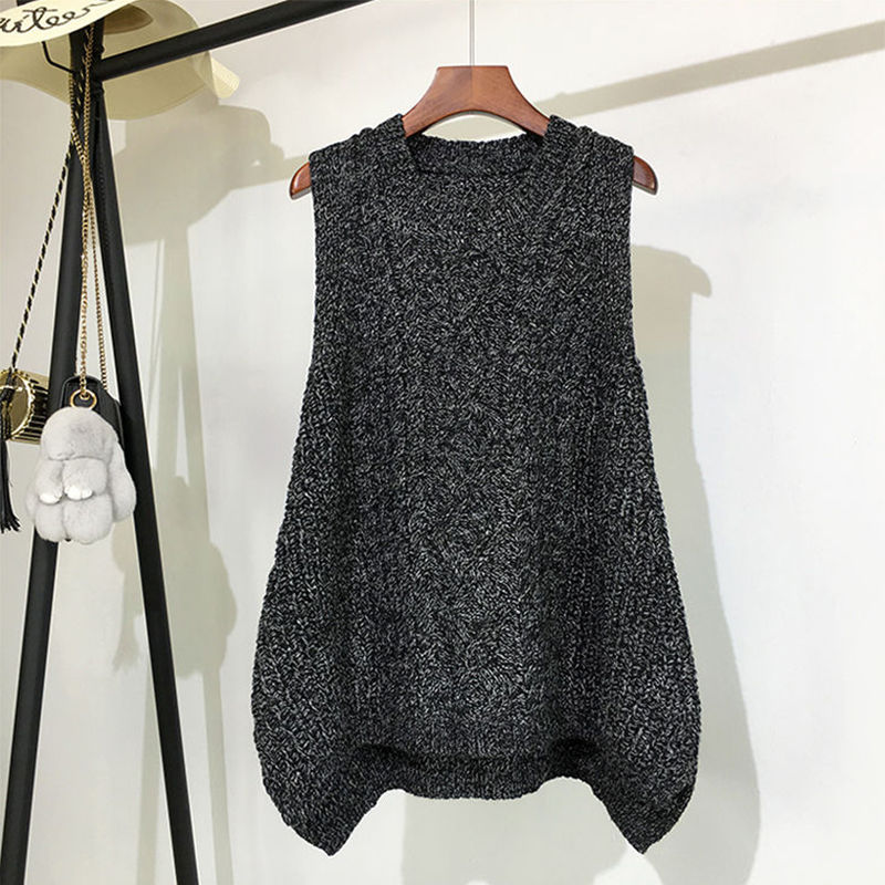 Ropa de otoño e invierno Chaleco de lana gruesa para mujer, Chaleco de punto suelto de gran tamaño, cuello redondo en la sección larga del chaleco salvaje: Negro