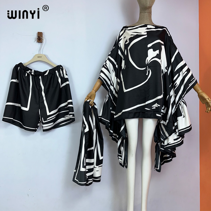 Winyi vardagskostym bohemisk strand boho tryck damshorts kostym strandöverdrag  up 3 -delat set för kvinnor: Guld-