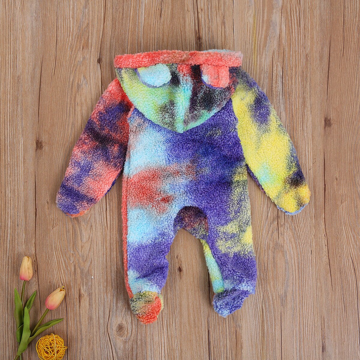 Herfst Winter Baby Kleding Meisjes Jongens Rompertjes Bont Tie-Dye Print Lange Mouwen Rits 3D Oor Hoodie Mooie footies Jumpsuits