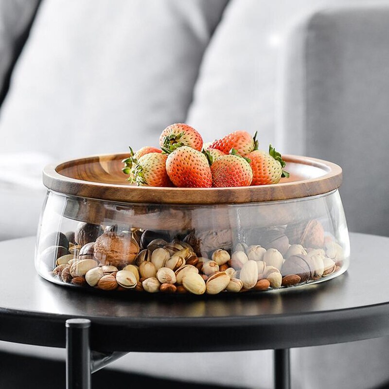 Glass Nuts and Dry Fruits Storage Box Container Double Layer Candy Storage Box with Wooden Lid for Home Kitchen Supply