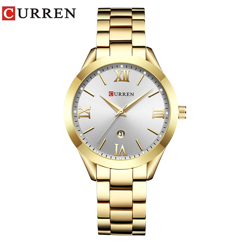 Casual Dames Polshorloge Rvs Jurk Vrouwen Horloges Kalender Analoge Quartz Vrouwelijke Klok Dames: gold white