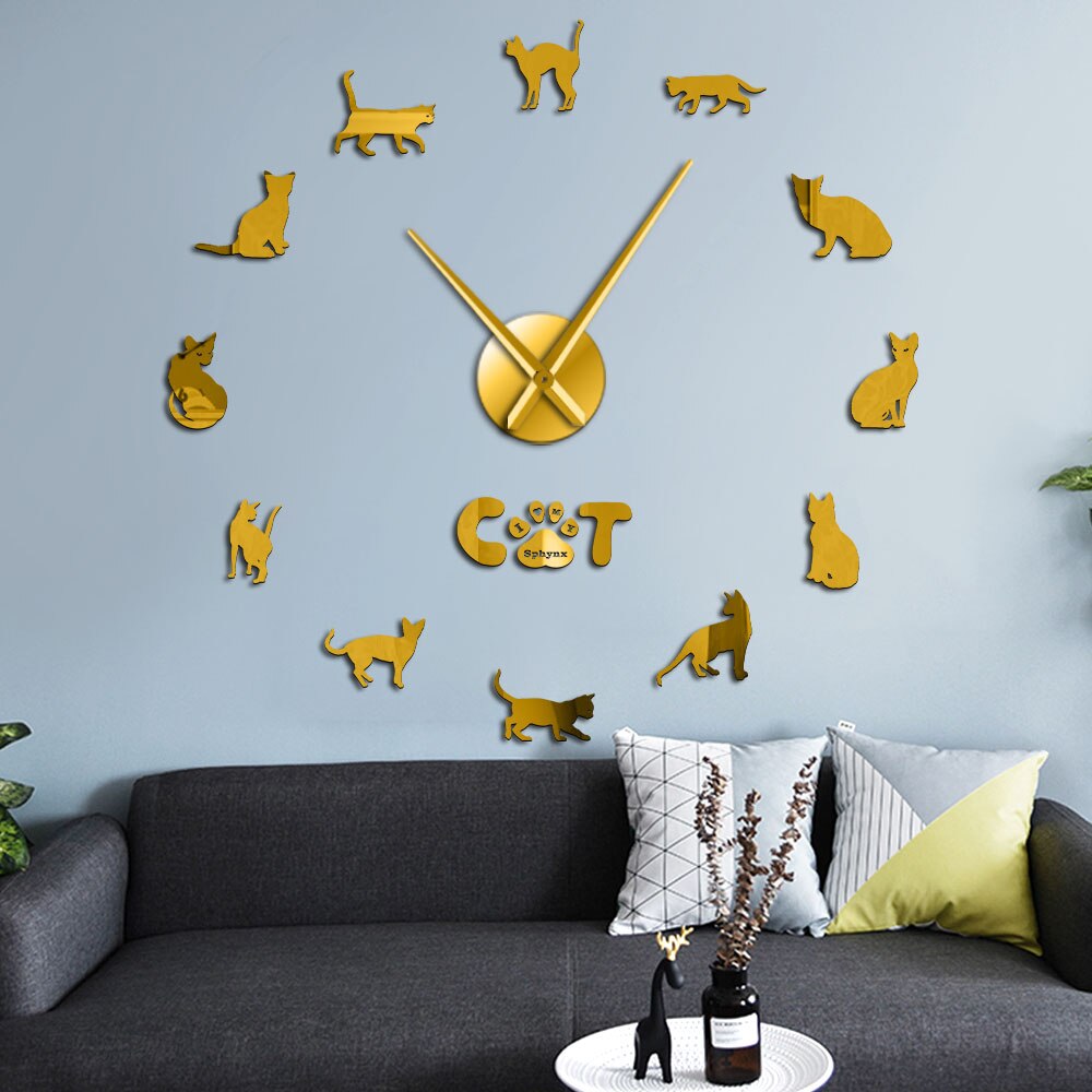 Hairless Cat Sphynx Cat 3D DIY Wall Clock Mirror Sphinx Cat Frameless Large DIY Wall Watch Kit Cat Breed Wall Art Sticker Decor