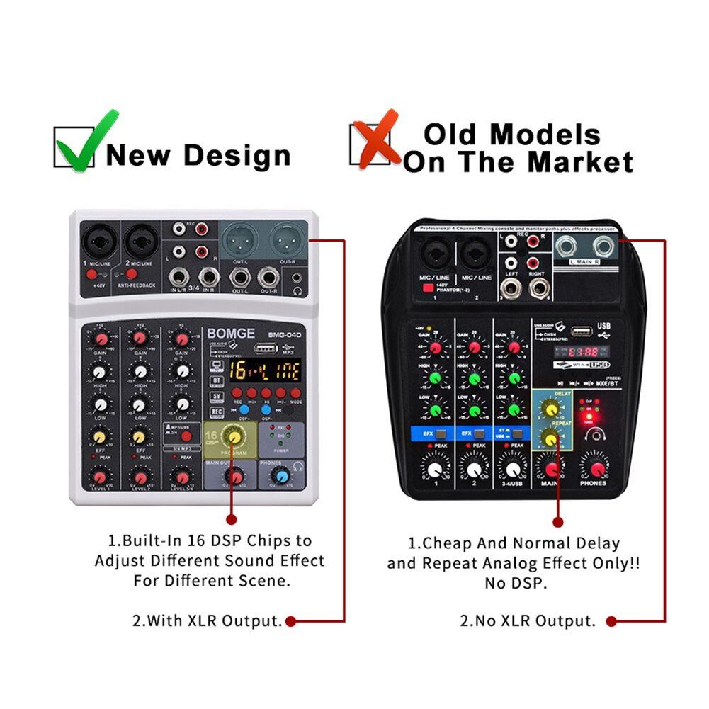 DJ Konsole USB Phantom Energie Effekte 4 Kanäle Audio- Klang Rührgerät Bluetooth-kompatibel USB Rekord Soundkarte mit 16 DSP Effekte