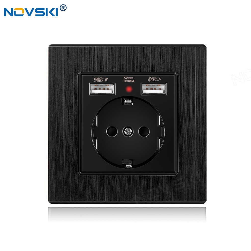 NOVSKI Pop Socket, USB-разъем 220, Electrical German Outlet, 2.1A Dual USB Charging Port with Soft LED Indicator: PC black texture