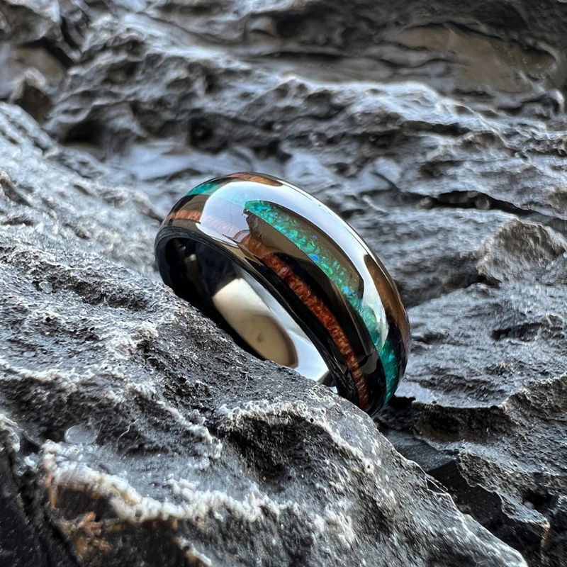 Anillo de tungsteno negro de 8Mm para hombres y mujeres, anillo de compromiso de boda, joyería de , incrustaciones de madera de Koa de ópalo verde, ajuste cómodo