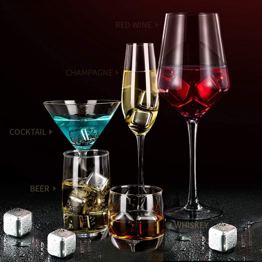 Kamienie whisky 304 stal nierdzewna wielokrotnego użytku chłodzenie metalowe kostki lodu z klipsem i zestaw pudełek do przechowywania Whiskey wino piwo napoje
