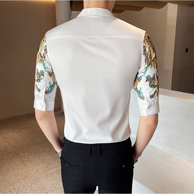 Skjorte med blomstertrykk tilfeldig slank passe luksusskjorte herre merke hvit svart halvermet sosiale skjorter herre pluss størrelse m -4xl