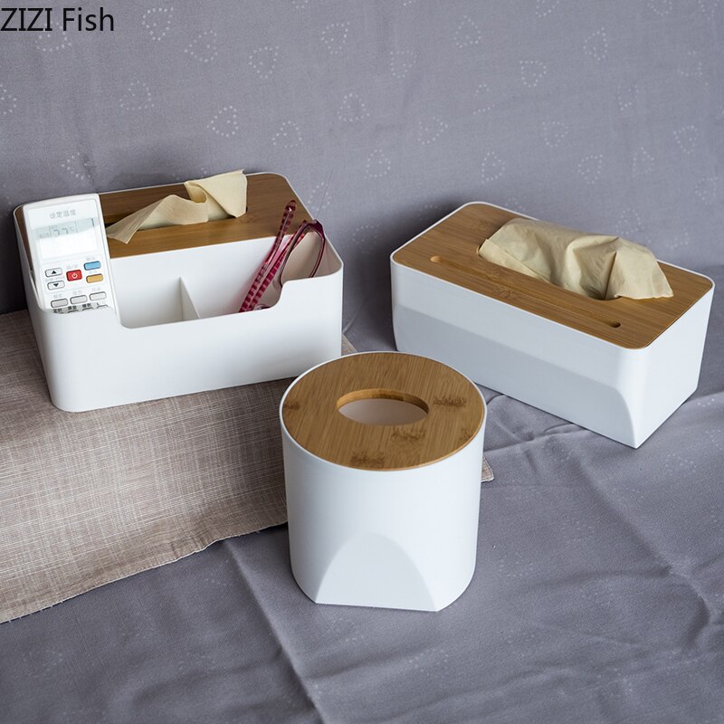 Plastic Tissue Doos met Bamboe Cover Moderne multifunctionele Tissue Doos Afstandsbediening Mobiele Telefoon Opslag Tissue Doos