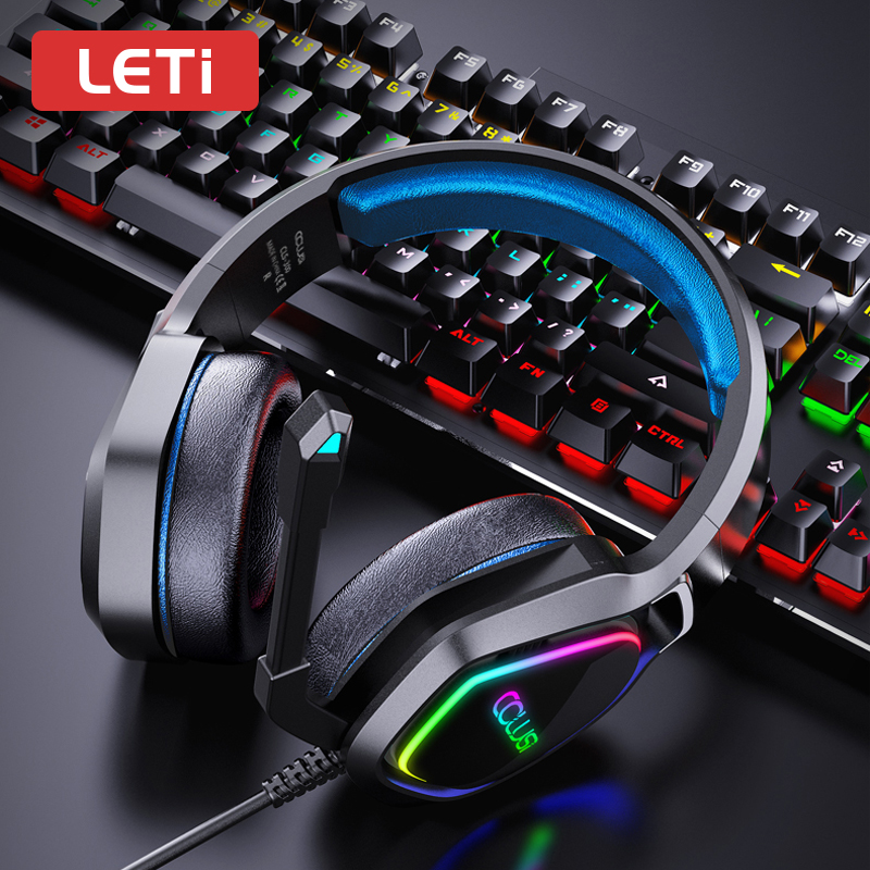 LeTi Gamer słuchawki tylko słuchawki przewodowe światło RGB mocny bas słuchawki z mikrofonem do gier XBox One PS4 PC Laptop