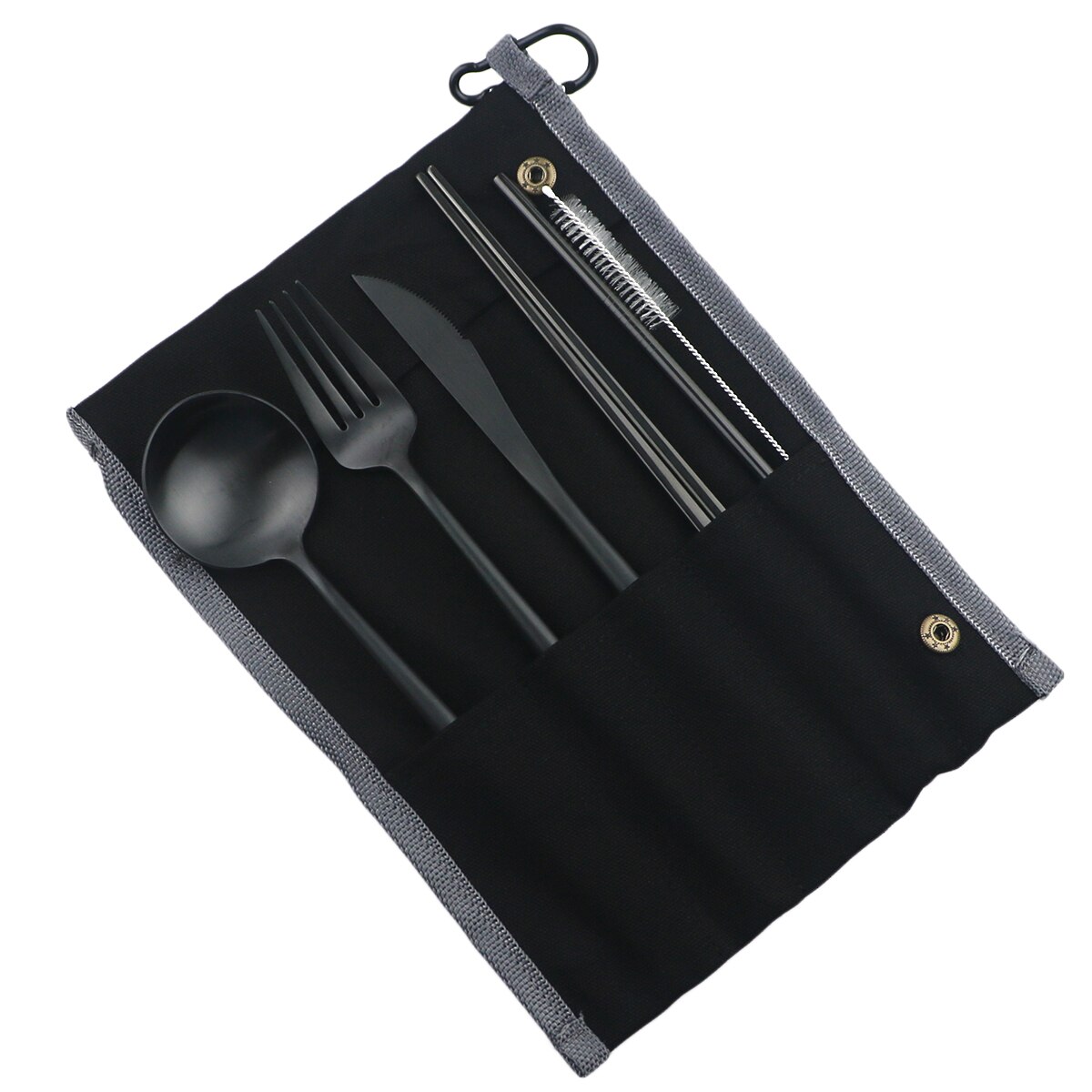 Rainbow Knife Fork Spoon Chopsticks Straw Set Portable Flatware Metal Travel Storage Cutlery Set Picnics Offices BBQ Accessories: Black A Bag Black