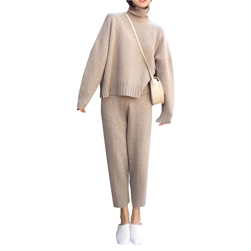 Herfst Winter Twee Delige Set Vrouwen Casual Coltrui Trui + Slanke Broek Gebreide Pakken Vrouw Mode Kleding Outfit Straat Trainingspak sets