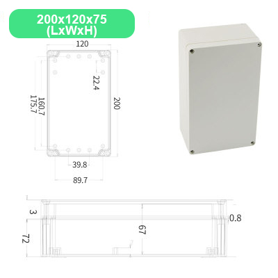 Economy F Series DIY Outdoor Monitoring power box Electrical Enclosure Case ABS Plastic Waterproof Sealed Junction Wire Box: 200X120X75mm(LxWxH)
