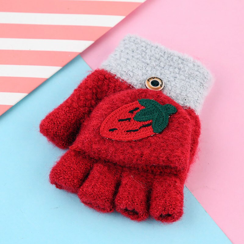 Los niños guantes sin dedos para niña lindo Niño de dibujos animados de invierno cálido bebé de lana guantes niños al aire libre manopla de mitad de dedo: red
