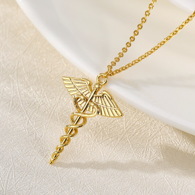 Halskette mit äskulapstab-anhänger aus edelstahl, schmuckstück mit äskulapstab-symbol, halskette mit caduceus-symbol für damen